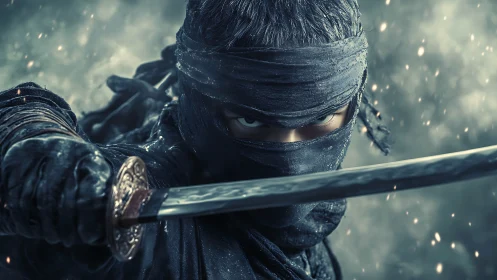 Focused ninja warrior holding a gleaming sword in motion.