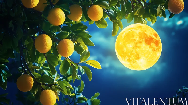 Midnight lemon grove orbiting a glowing moon-fruit twin.