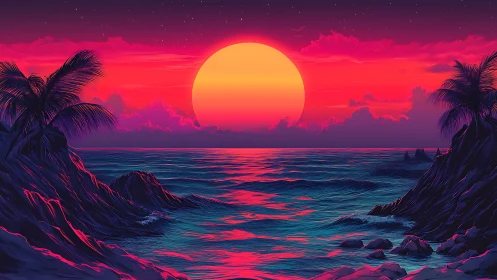 Sun sets behind ocean horizon between rocky tropical shores