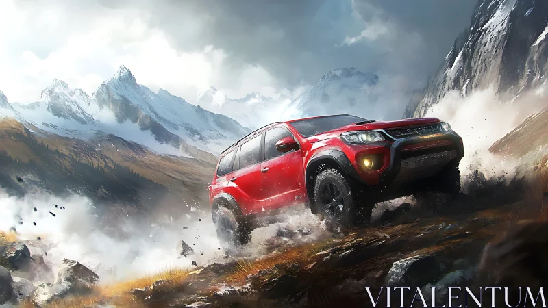 Red off‑road SUV ascending rocky alpine slope at speed.