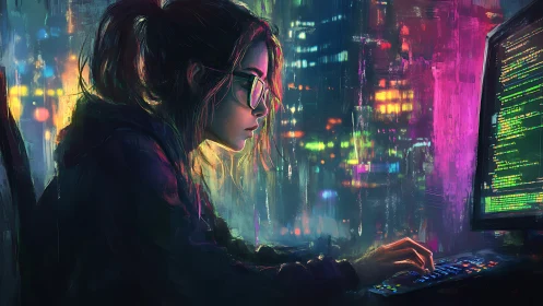 Neon-soaked coder carves luminous logic into the midnight grid
