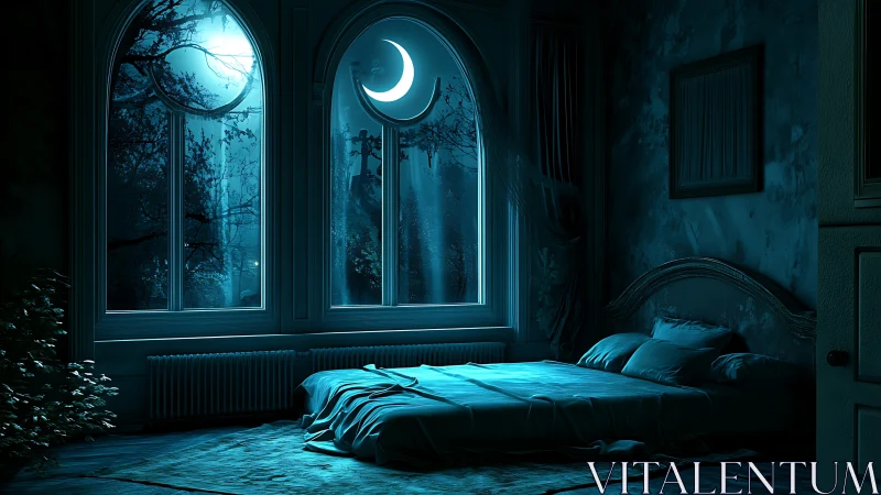 Moonlit bedroom interior shows bed and arched windows