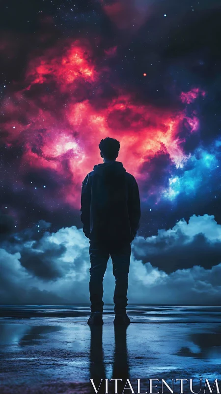 Silent dreamer gazes into a glowing cosmic sky of wonder