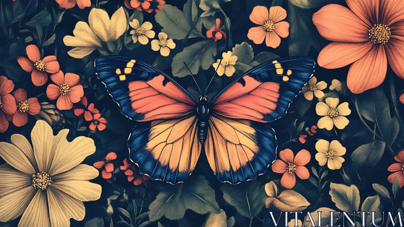 Central butterfly rests on dense floral arrangement