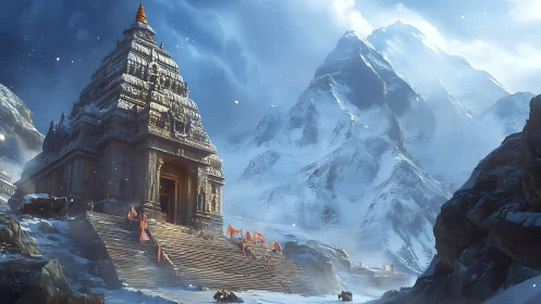 Sacred mountain temple glowing softly in the snowy highlands.