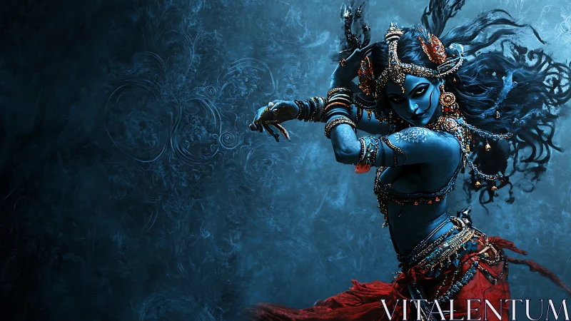 Digital painting of blue-skinned warrior goddess in motion.