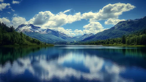 Serene mountain lake mirrors bright clouds and rolling peaks