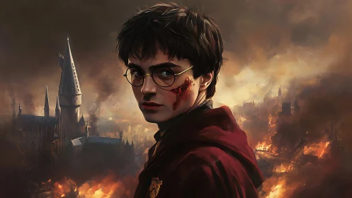 Battle-scorched boy wizard turns toward a burning citadel