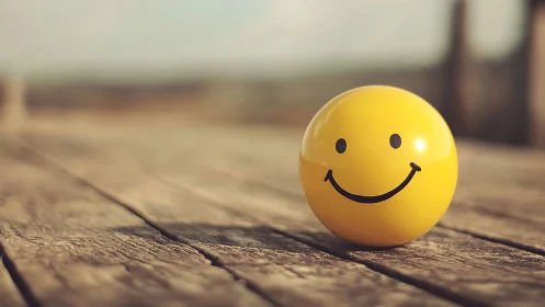 Photorealistic yellow smiley ball on rustic wooden tabletop.
