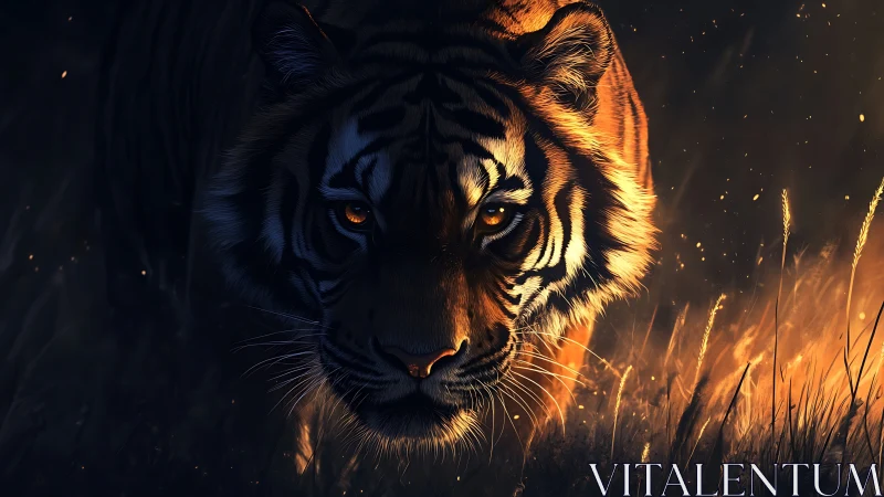 Tiger stalks through burning grass in dramatic low light.