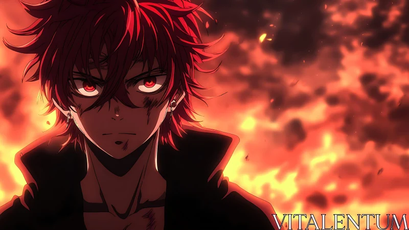 Red-haired anime antihero stands before dynamic inferno field