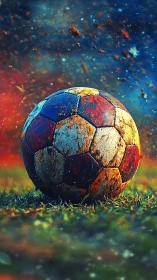 Battle-scarred cosmic football hums on a glowing night field