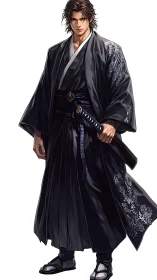 Male swordsman in black kimono holding sheathed katana.