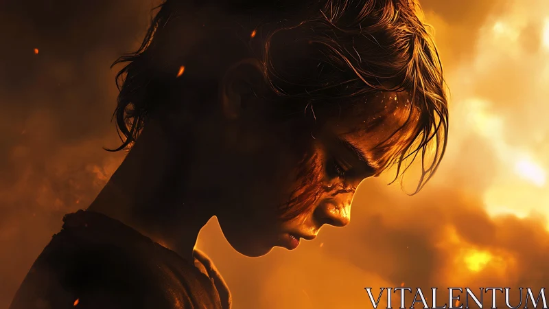 Cinematic profile of soot-streaked child amid incandescent firestorm.