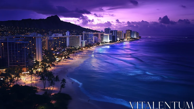 Twilight urban shoreline with neon-lit surf and skyline.