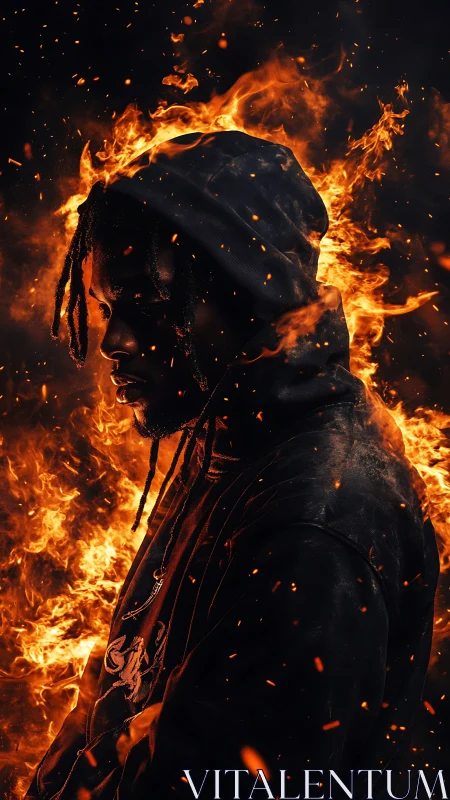 Hooded man in side profile surrounded by intense flames.