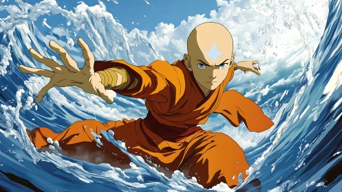 Young airbender rides powerful ocean waves with calm focus.