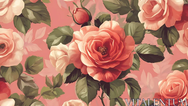 Coral Rose Garden Pattern. Romantic Floral Design.