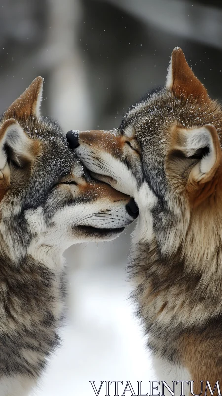 Tender winter nuzzle between two wolves in close portrait.