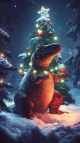 Christmas lights crown a delighted dinosaur in snowy twilight