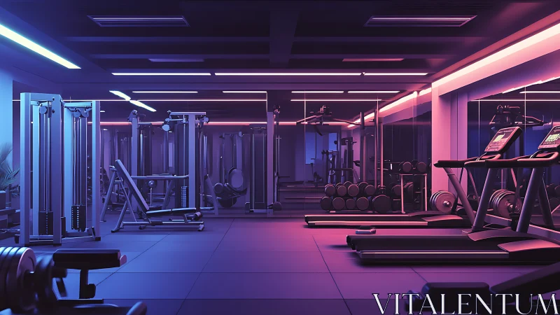 Neon illuminated high-end fitness studio with cardio and weight rigs