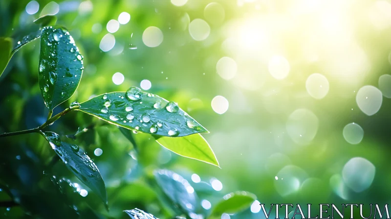 Morning dew glistens on green leaves against blurred bokeh