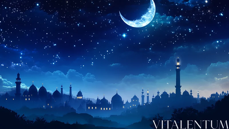 Night city skyline shows crescent moon over domes and towers