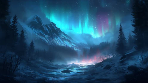 Northern mountain valley under vivid aurora display.