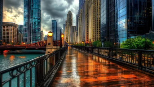 Rain-glossed riverwalk ignites beneath stormlit city towers.