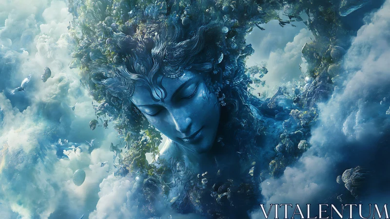 Skyborne forest goddess dreaming in drifting sapphire clouds.