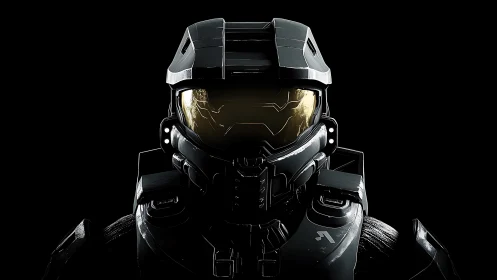 Armored sci fi soldier helmet portrait on black background.