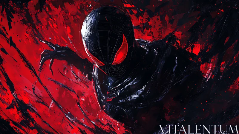 Dynamic red-and-black masked figure rendered in kinetic strokes