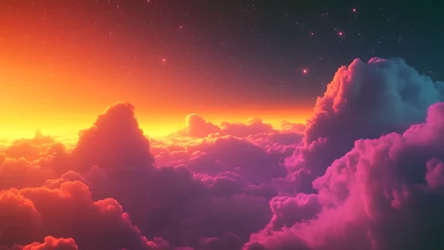 Radiant nebula clouds glow beneath a vivid cosmic dawn