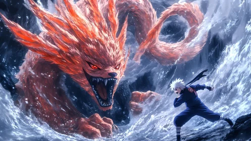 Fiery fox spirit surges from stormy waves toward brave hero.