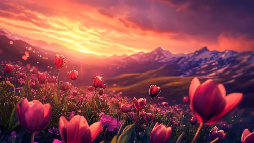 Red tulips bloom gloriously beneath a spectacular mountain sunset.