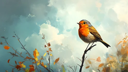 Vibrant Robin on Autumn Branch, Impressionist Digital Painting.