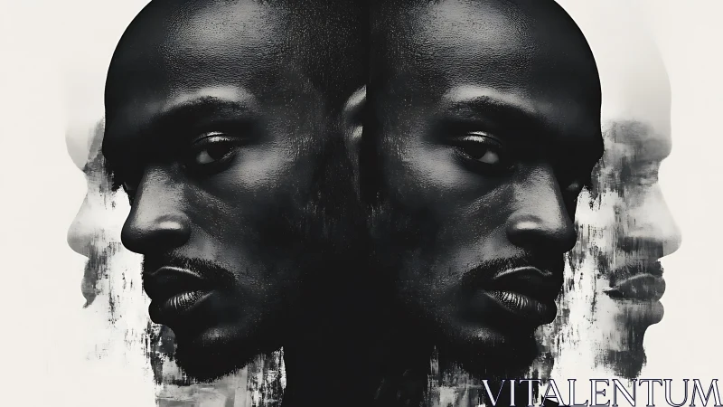 Surreal mirrored portrait of intense male face in monochrome.