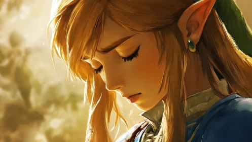 Elf warrior lowers gaze under warm backlit sunlight