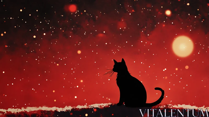 Solitary Cat Gazes at Stars in Red Cosmic Night Sky.