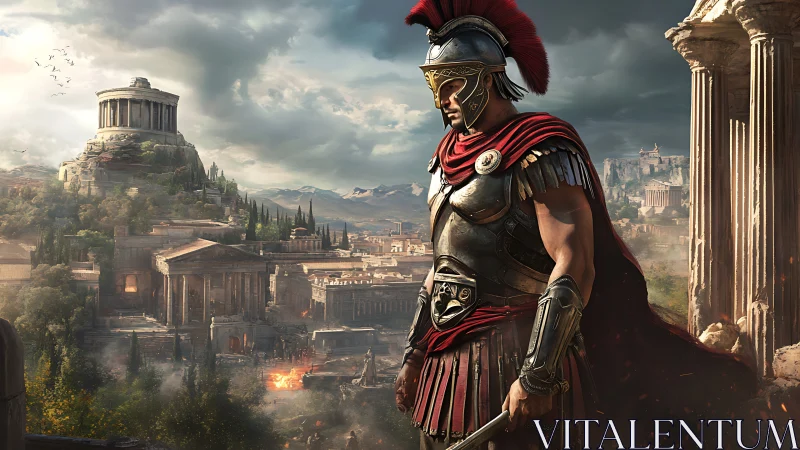 Roman warrior overlooking burning classical cityscape at dusk.
