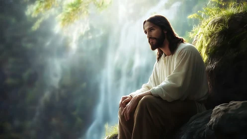 Solitary robed figure sits on rock before diffuse waterfall