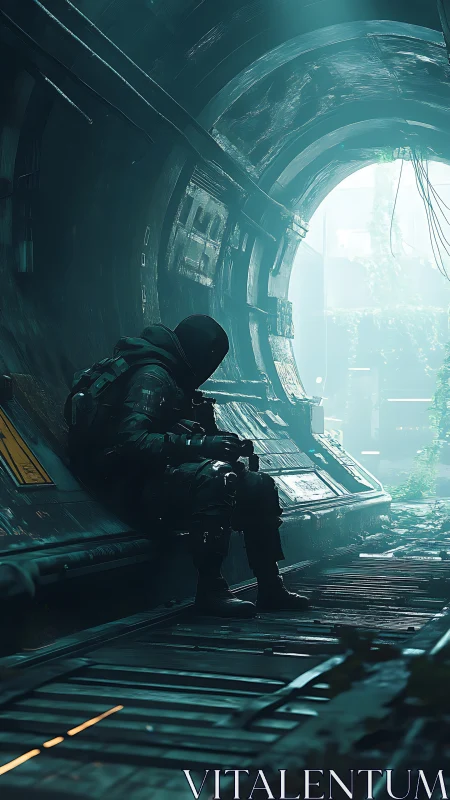 Lone tunnel sentinel resting beneath a cracked neon skylight.