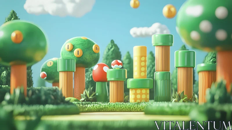 Vibrant 3D Cartoon Forest With Pipes and Coins, Playful Game Style.