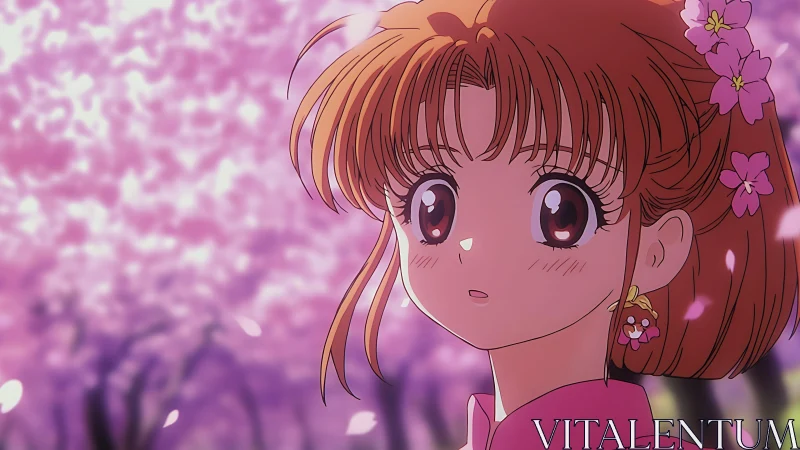 Anime girl gazes softly among glowing pink cherry blossoms