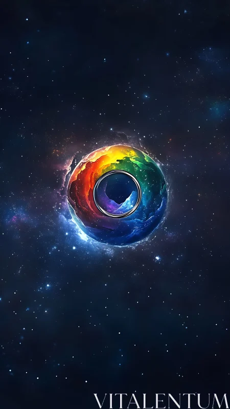 Color spectrum ring floats centrally within deep star field