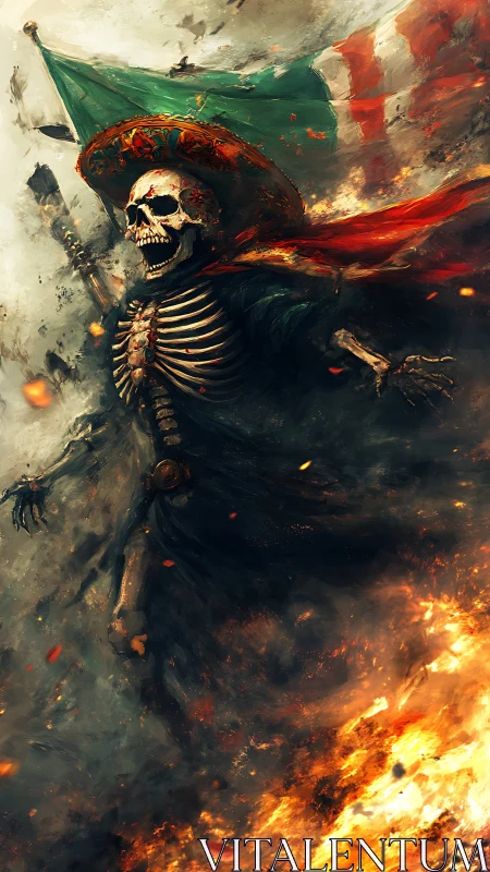 Skeleton soldier in sombrero advances with burning flag