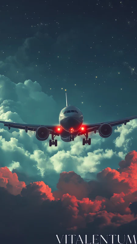 Starlit jet drifting home through glowing evening clouds.