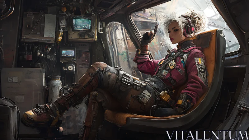 Cyberpunk pilot in cockpit with tactical gear and neon HUD.