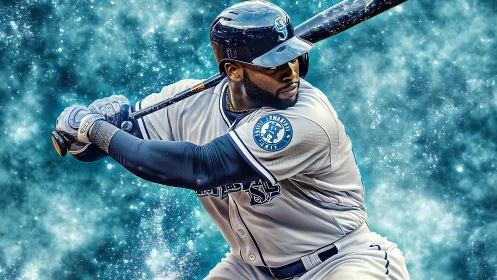 Baseball player in batting stance against stylized sky field