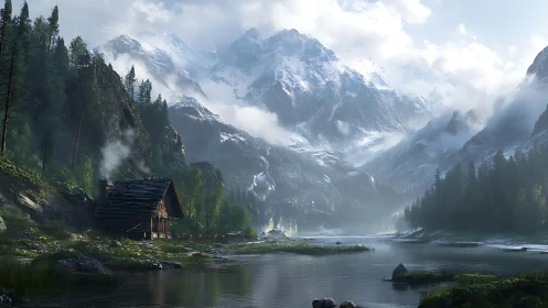 Remote riverside cabin rests beneath towering alpine peaks.